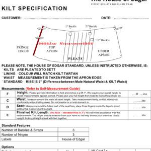 Information on how to measure and the required measurements for manufacture of a gents kilt
