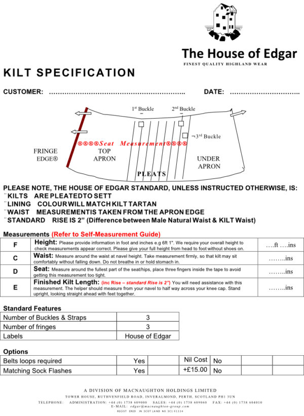Information on how to measure and the required measurements for manufacture of a gents kilt