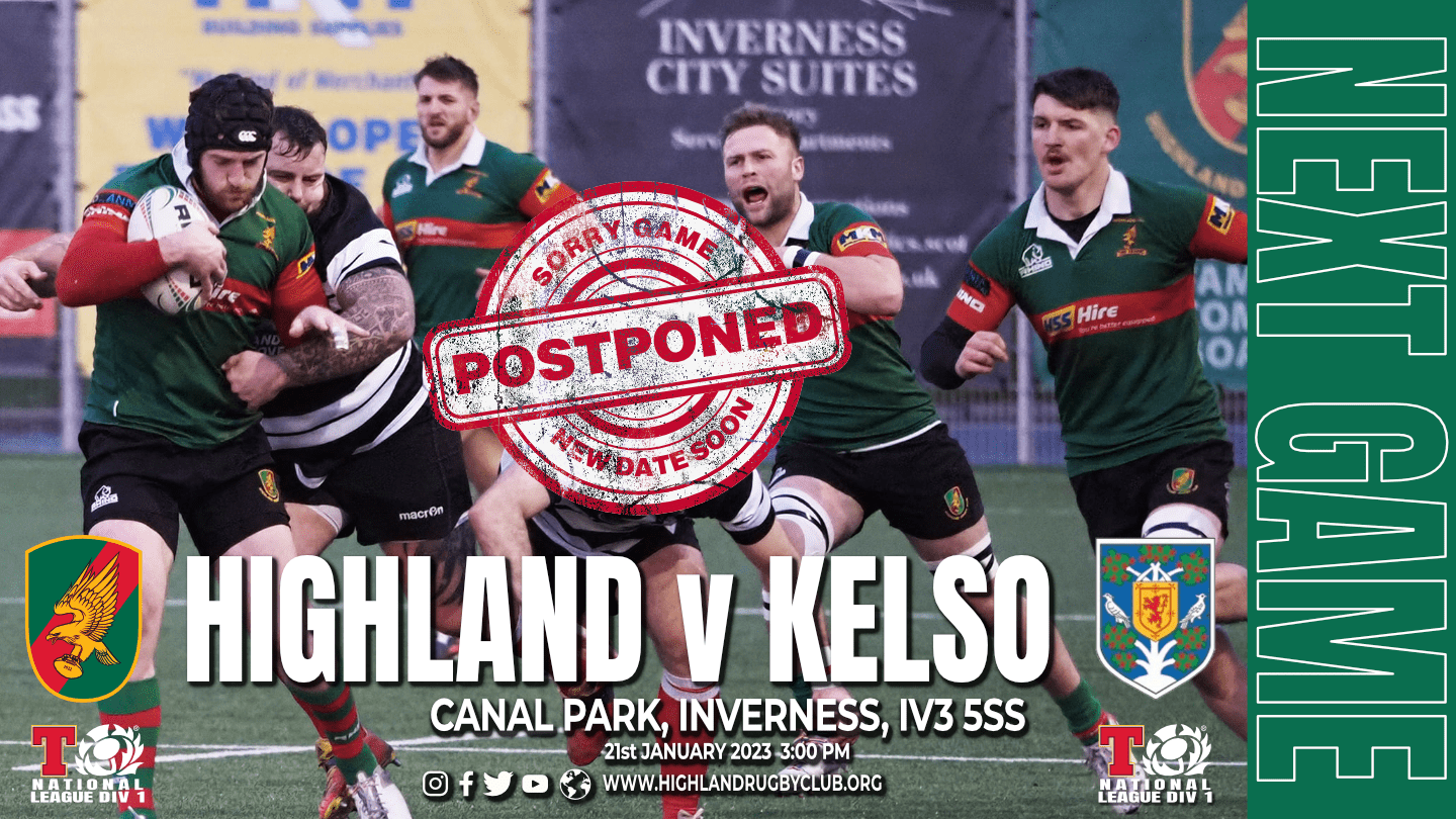 Picture provides information that the Highland RFC 1st XV's next match against Kelso RFC at Canal Park Inverness 21-01-23 has been cancelled due to a frozen pitch