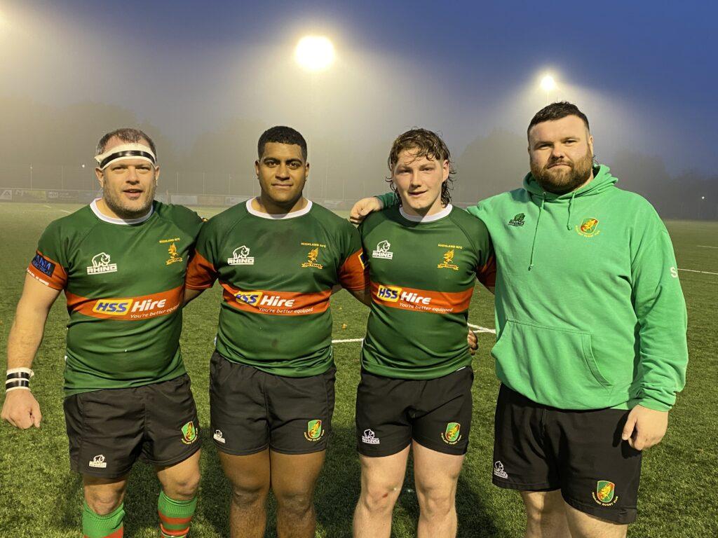 HRFC 1XV Front Row v Dundee Rugby 4th Nov 23. L-R: Kev Brown, Asaeli Saumaka (Man of the Match), Lochlann Hodge (1st XV Debut), Stuart Watson (100th 1XV Appearance)